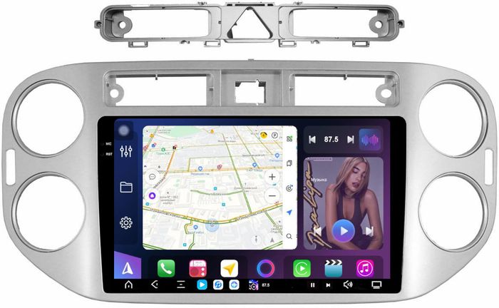 Магнитола для Volkswagen Tiguan 1 2007-2011, Golf Plus (аварийка треугольная, рамка серебро) - FarCar XXL489M монитор 9.5" 2K QLED на Android 14, TS20, 8+256Гб, CarPlay, 4G SIM-слот