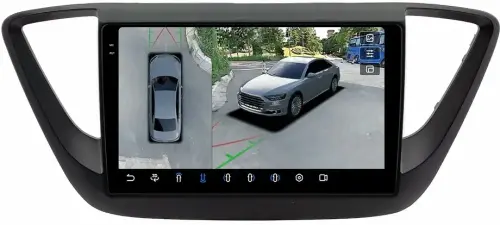 Магнитола для Hyundai Solaris 2 2017-2022, Solaris HS 2024+ (рамка черная матовая) - FarCar BX766M-360 монитор 9.5" 2K QLED на Android 13, 6Гб+128Гб, CarPlay, 4G SIM-слот, 4 камеры в комплекте