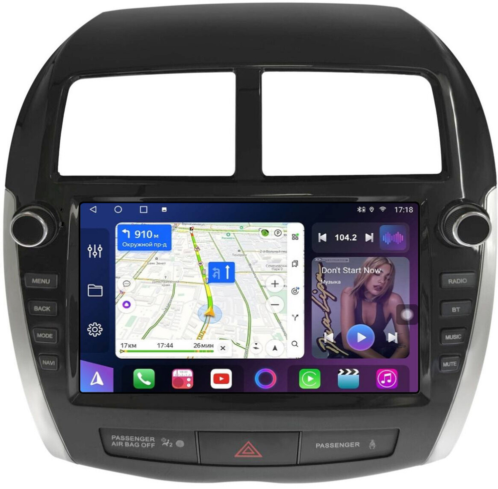 Магнитола для Mitsubishi ASX 2010-2016, Peugeot 4008, Citroen C4 Aircross (рамка с крутилками и кнопками) - FarCar 7064K9 монитор 9.5" QLED на Android 14, TS18, CarPlay, 4G SIM-слот