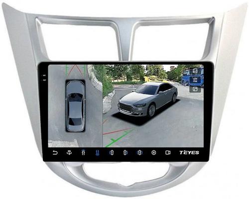 Магнитола для Hyundai Solaris 1 2010-2016 (рамка серебро) - Teyes CC3-2K-360 на Android 10, 2K QLED, 6Гб+128Гб, CarPlay, 4G SIM-слот, 4 камеры в комплекте