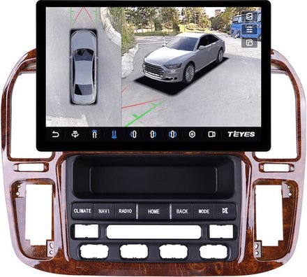 Магнитола для Toyota Land Cruiser 100, Lexus LX470 1998-2002 (климат на ШГУ, рамка дерево) - Teyes CC3-2K-360 монитор 13" 2K QLED на Android 10, 6Гб+128Гб, CarPlay, 4G SIM-слот, 4 камеры в комплекте