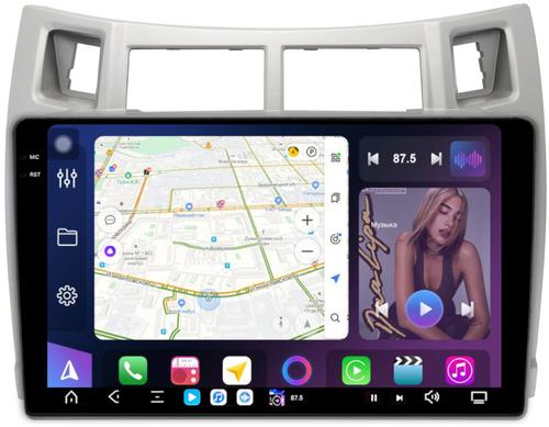 Магнитола для Toyota Vitz 2, Yaris 2 2005-2011 (рамка серебро) - FarCar XXL3022M монитор 9.5" 2K QLED на Android 14, TS20, 8+256Гб, CarPlay, 4G SIM-слот