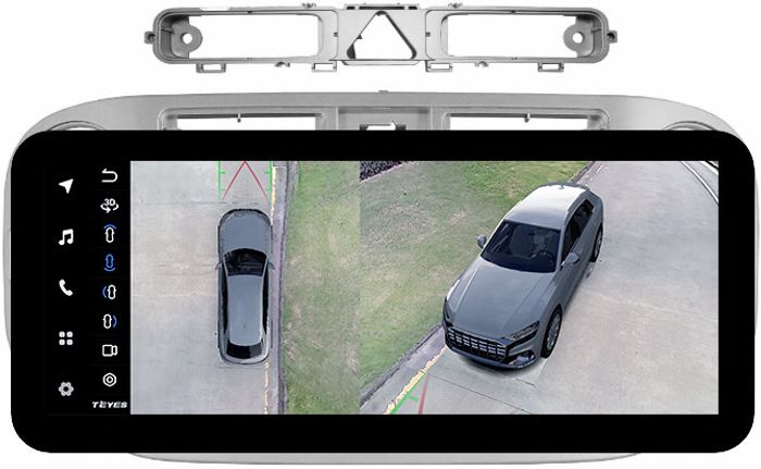 Магнитола для Volkswagen Tiguan 1 2007-2011, Golf Plus (аварийка треугольная, рамка серебро 9) - Teyes LUX ONE 360 монитор 12.3" 2K QLED на Android 10, Быстрая, CarPlay, 4G SIM-слот, 4 камеры в комплекте