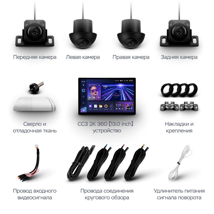 Магнитола для Hyundai Santa Fe 2 CM 2006-2012 (рамка черная) - Teyes CC3-2K-360 монитор 13" 2K QLED на Android 10, 6Гб+128Гб, CarPlay, 4G SIM-слот, 4 камеры в комплекте