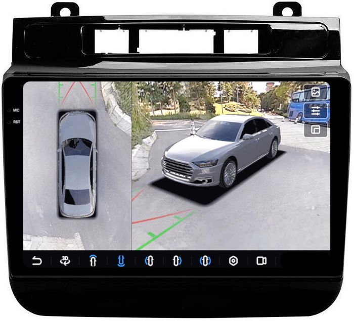Магнитола для VW Touareg 2 2010-2018 (RNS850) - FarCar BX3027M-B-360 монитор 9.5" 2K QLED на Android 13, 6Гб+128Гб, CarPlay, 4G SIM-слот, 4 камеры в комплекте