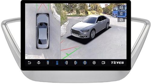Магнитола для Hyundai Solaris 2 2017-2020 (штатная КЗВ, рамка серебро) - Teyes CC3-2K-360 монитор 13" 2K QLED на Android 10, Быстрая, CarPlay, 4G SIM-слот, 4 камеры в комплекте