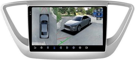 Магнитола для Hyundai Solaris 2 2017-2022, Solaris HS 2024+ (рамка серебро) - FarCar BX766M-360 монитор 9.5" 2K QLED на Android 13, 6Гб+128Гб, CarPlay, 4G SIM-слот, 4 камеры в комплекте