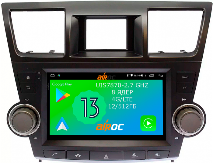Магнитола для Toyota Highlander 2 2007-2013 XU40 - Airoc 2K AU-1122B Android 13, TS20, 12/512Гб, SIM-слот (кнопки + крутилки)