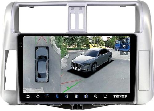 Магнитола для Toyota Land Cruiser Prado 150 2009-2013 (рамка серебро) - Teyes CC3-2K-360 на Android 10, 2K QLED, 6Гб+128Гб, CarPlay, 4G SIM-слот, 4 камеры в комплекте