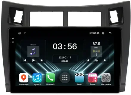 Магнитола для Toyota Vitz 2, Yaris 2 2005-2011 (рамка черная) - FarCar DX3022M монитор 9.5" IPS на Android 13, 4+64Гб, CarPlay