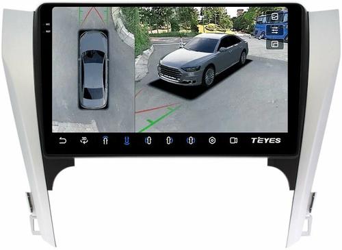 Магнитола для Toyota Camry 50 2011-2014 (рамка серебристо-черная 10) - Teyes CC3-2K-360 на Android 10, 2K QLED, 6Гб+128Гб, CarPlay, 4G SIM-слот, 4 камеры в комплекте
