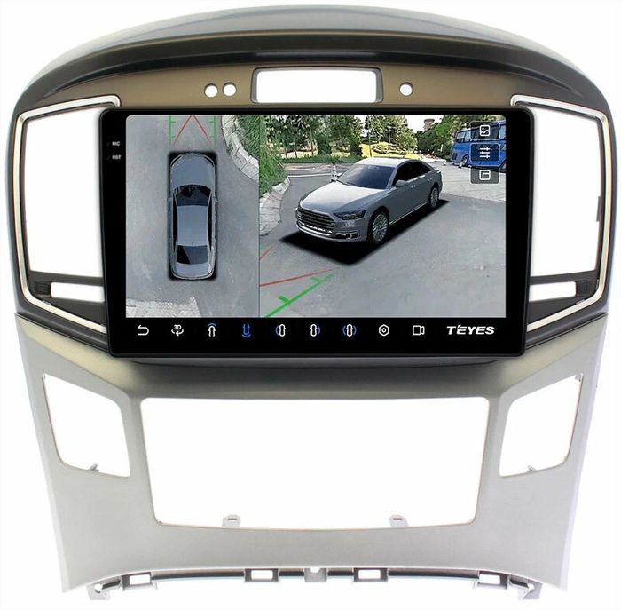 Магнитола для Hyundai H1, Grand Starex 2015-2022 (ШГУ монохром, авто с часами) - Teyes CC3-2K-360 монитор 9.5" 2K QLED на Android 10, 6Гб+128Гб, CarPlay, 4G SIM-слот, 4 камеры в комплекте