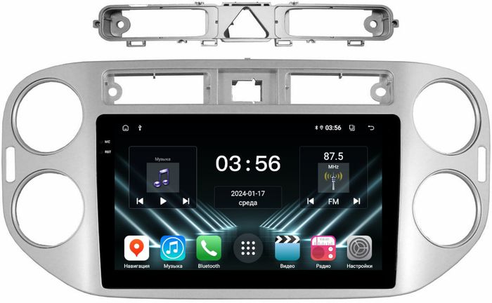 Магнитола для Volkswagen Tiguan 1 2007-2011, Golf Plus (аварийка треугольная, рамка серебро) - FarCar DX489M монитор 9.5" IPS на Android 13, 4+64Гб, CarPlay