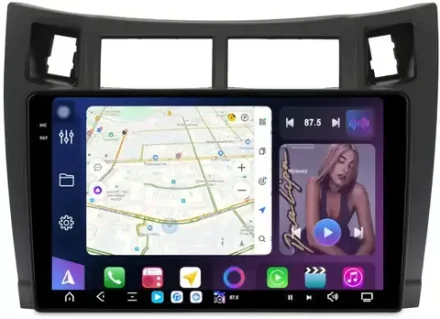 Магнитола для Toyota Vitz 2, Yaris 2 2005-2011 (рамка черная) - FarCar GX3022M монитор 9.5" 2K QLED на Android 14, TS20, 6+128Гб, CarPlay, 4G SIM-слот