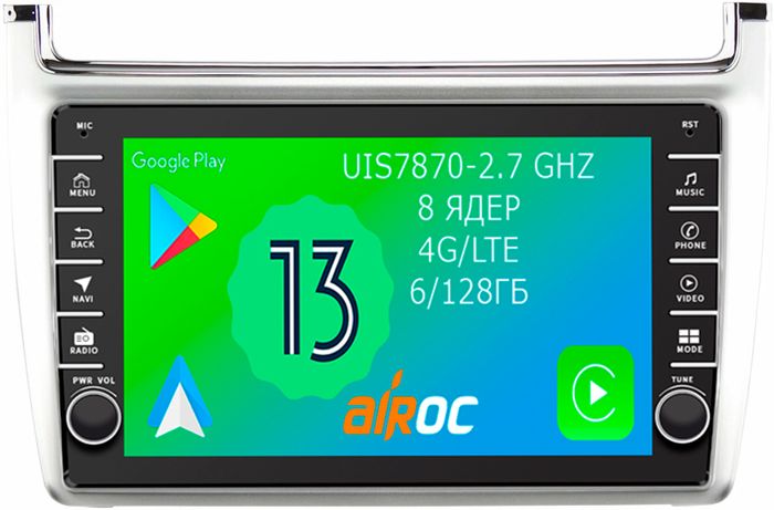 Магнитола для Volkswagen Polo 2009-2020 (серебро) - Airoc AB-3707S (кнопки и крутилки), Android 13, Быстрая, SIM-слот, CarPlay