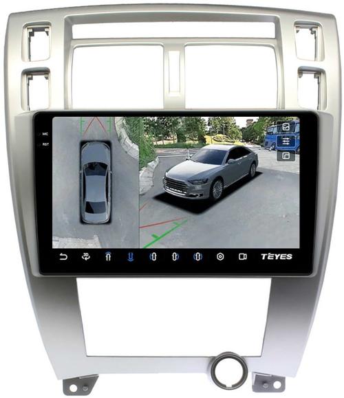 Магнитола для Hyundai Tucson 1 2004-2009 (рамка серебро) - Teyes CC3-2K-360 монитор 13" 2K QLED на Android 10, 6Гб+128Гб, CarPlay, 4G SIM-слот, 4 камеры в комплекте