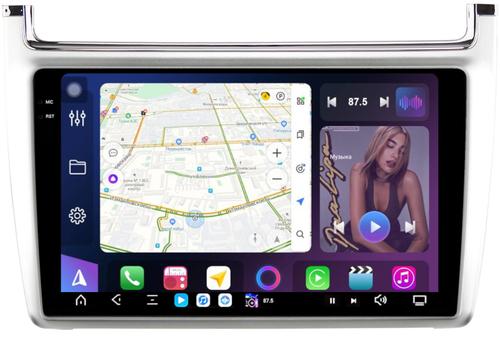 Магнитола для Volkswagen Polo 5 2009-2020 (рамка серебро) - FarCar XXL910M монитор 9.5" 2K QLED на Android 14, TS20, 8+256Гб, CarPlay, 4G SIM-слот