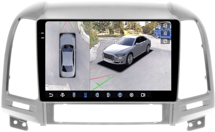 Магнитола для Hyundai Santa Fe 2 CM 2006-2012 (рамка серебро) - FarCar BX008M-360 монитор 9.5" 2K QLED на Android 13, 6Гб+128Гб, CarPlay, 4G SIM-слот, 4 камеры в комплекте