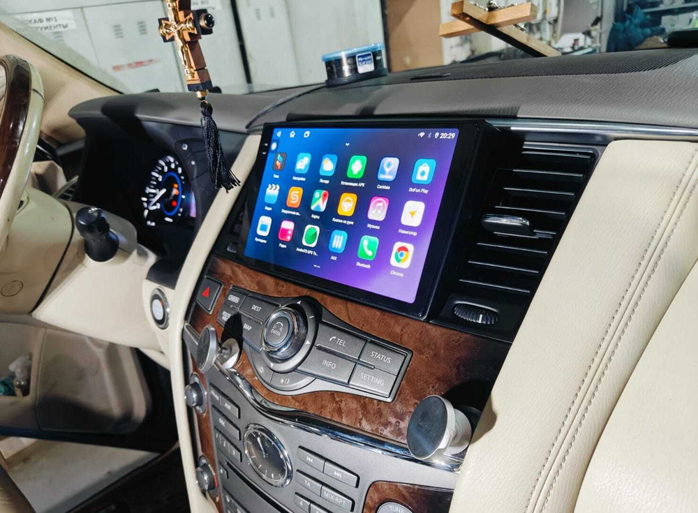 Магнитола для Nissan Patrol Y62, Infiniti QX56/QX80 2010-2017 (поддержка Bose, 360 и мониторов, рамка тип 1) - FarCar монитор 9.5" QLED на Android 14, TS18, CarPlay, 4G SIM-слот