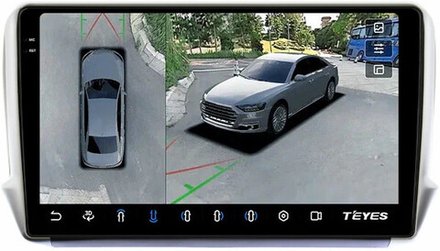 Магнитола для Peugeot 208 A9 2012-2019, 2008 A94 2013-2019 - Teyes CC3-2K-360 монитор 10.36" 2K QLED на Android 10, 6Гб+128Гб, CarPlay, 4G SIM-слот, 4 камеры в комплекте