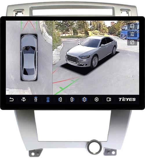Магнитола для Hyundai Tucson 1 2004-2009 (рамка серебро) - Teyes CC3-2K-360 монитор 13" 2K QLED на Android 10, 6Гб+128Гб, CarPlay, 4G SIM-слот, 4 камеры в комплекте