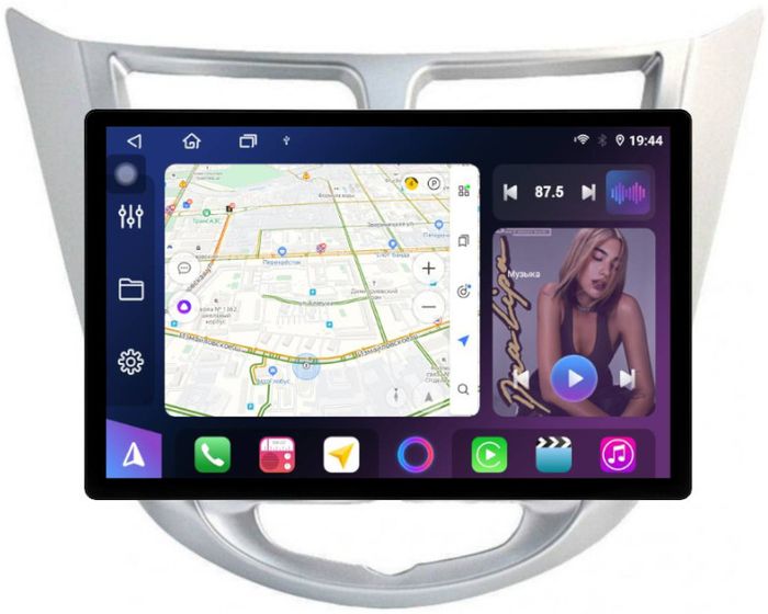 Магнитола для Hyundai Solaris 1 2010-2016 (рамка серебро) - FarCar BX877 монитор 13" 2K QLED на Android 13, Быстрая, CarPlay, 4G SIM-слот