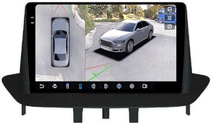 Магнитола для Renault Fluence, Megane 2009-2017 - FarCar BX145M-360 монитор 9.5" 2K QLED на Android 13, 6Гб+128Гб, CarPlay, 4G SIM-слот, 4 камеры в комплекте
