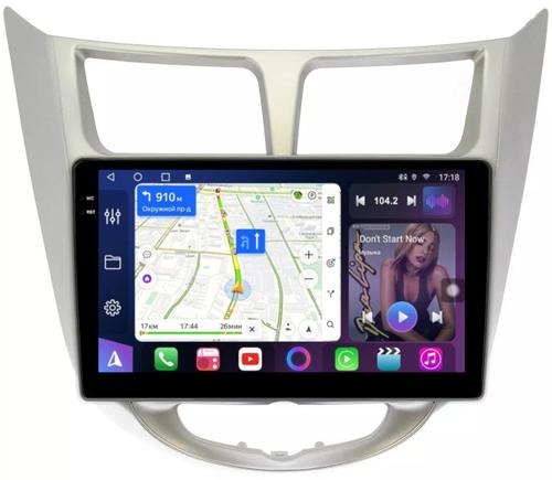 Магнитола для Hyundai Solaris 1 2010-2016 (рамка серебро) - FarCar BM067M монитор 9.5" QLED на Android 14, TS10, 4+32Гб, CarPlay, 4G SIM-слот