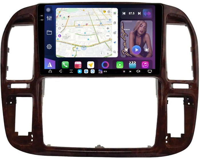 Магнитола для Toyota Land Cruiser 100, Lexus LX470 1998-2002 (кондиционер или климат внизу, рамка дерево) - FarCar GX9-9608F3 монитор 9.5" 2K QLED на Android 14, TS20, 6+128Гб, CarPlay, 4G SIM-слот