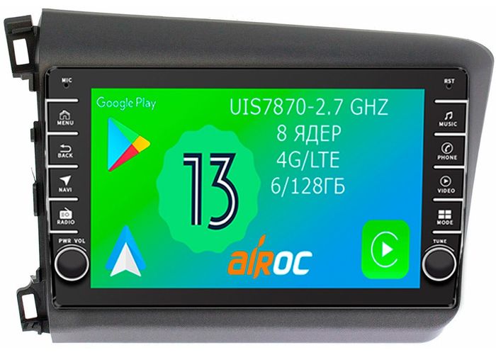 Магнитола для Honda Civic 9 2012 (седан) - Airoc AB-1921 (кнопки и крутилки), Android 13, Быстрая, SIM-слот, CarPlay