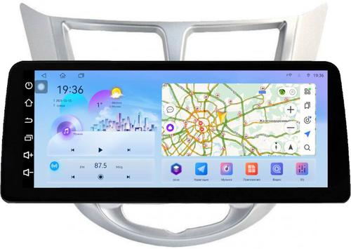 Магнитола для Hyundai Solaris 1 2010-2016 (рамка серебро) - FarCar монитор 12.3" 2K QLED на Android 14, TS10, CarPlay, 4G SIM-слот