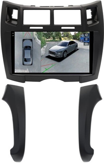 Магнитола для Toyota Vitz 2, Yaris 2 2005-2011 (рамка черная тип 2) - FarCar BX9-360-9647F2B монитор 9.5" 2K QLED на Android 13, 6Гб+128Гб, CarPlay, 4G SIM-слот, 4 камеры в комплекте