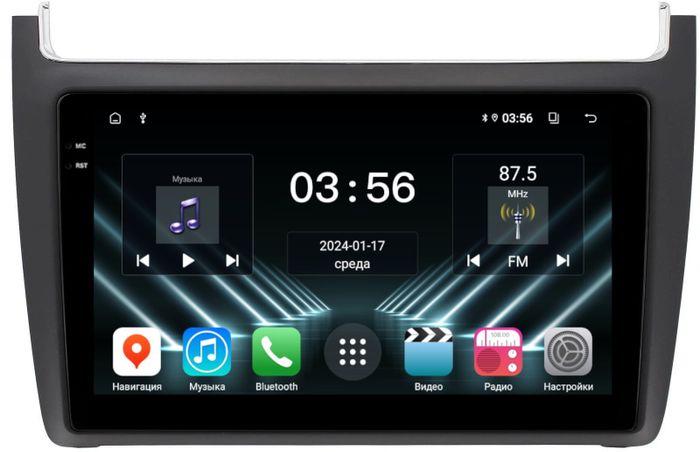 Магнитола для Volkswagen Polo 5 2009-2020 (рамка черная матовая) - FarCar DX910M монитор 9.5" IPS на Android 13, 4+64Гб, CarPlay